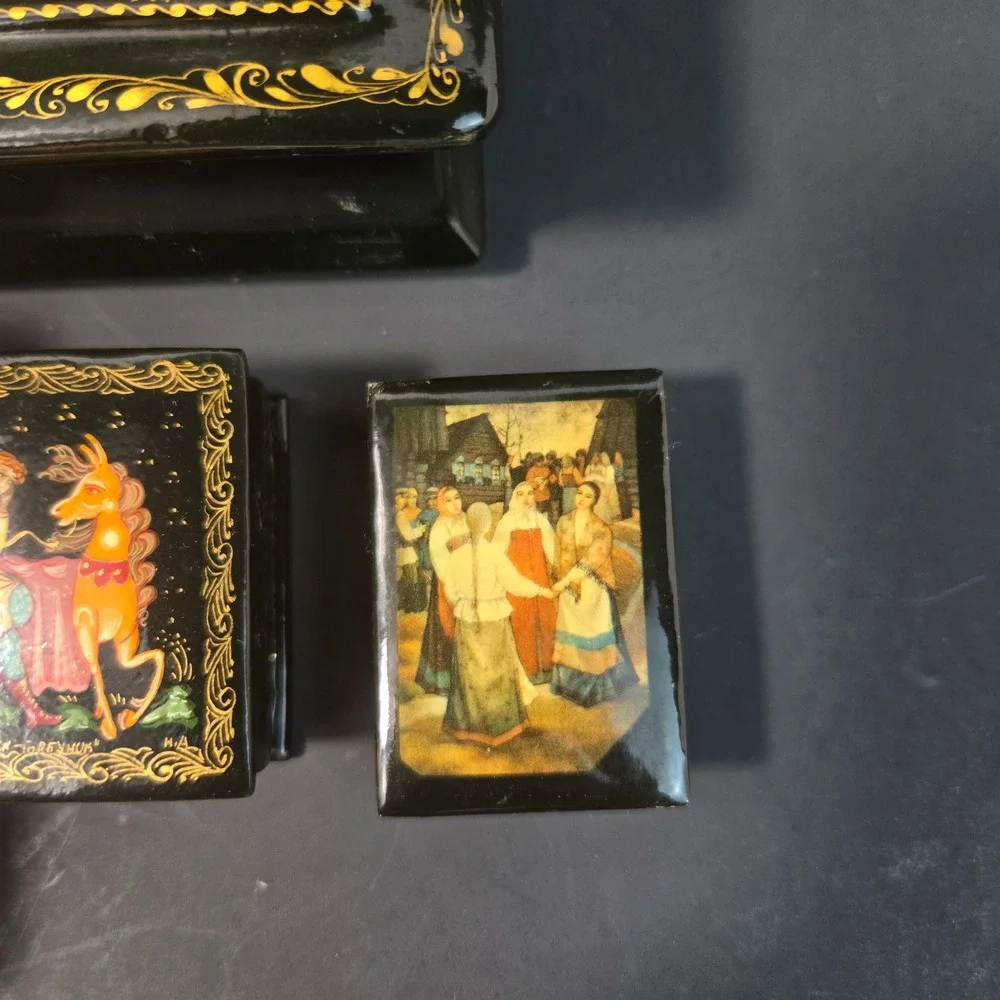 Vintage Russian Lacquer Box Lot of 4 Signed Palekh Zubov & Kholuy Art Collection